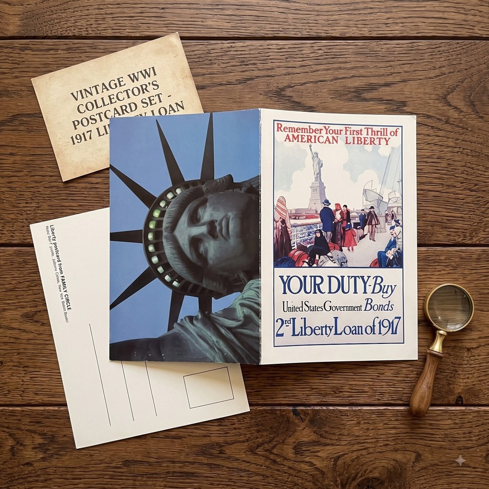 Vintage Family Circle Folded Postcard Statue of Liberty WWI Liberty Loan Poster